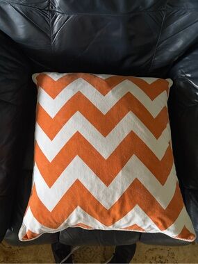 Feather accent pillow w/Chevron canvas cover - Orange and White fall holiday EUC
